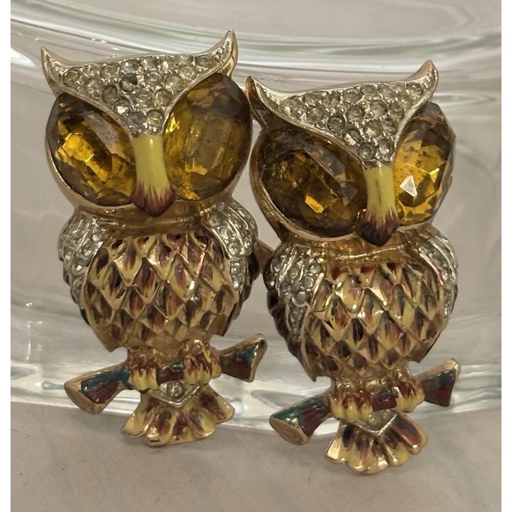 1940s Coro-Craft DUETTE 925 Vermeil/Amber Rhinestone OWLS Pin/Fur Clip(A. Katz)